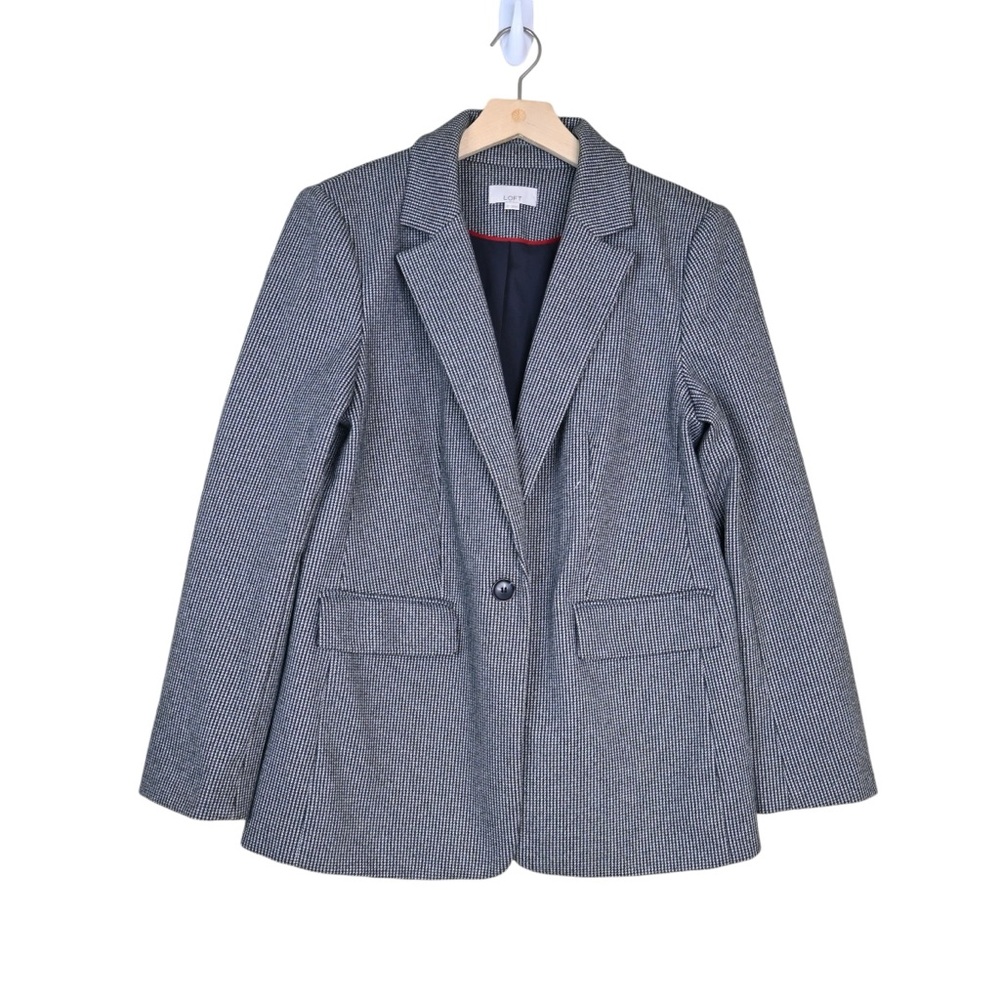 LOFT Womens 10 Charcoal Gray White Houndstooth Lined Blazer